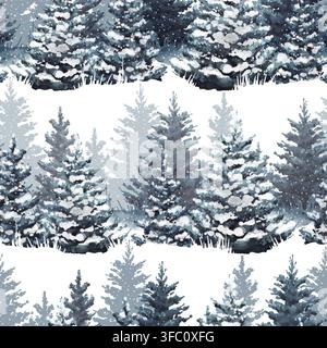 Aquarell-nahtloses Muster mit Tannenwald. Winterwald. Handgezeichneter Hintergrund, perfekt für Weihnachtskarten, Tapeten, Stoffe oder Druckdesign Stockfoto