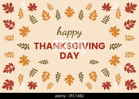 Fröhliches Thanksgiving-Day-Banner mit gefallenen bunten Blättern isoliert auf beigem Hintergrund. Herbsttapete, rote, grüne, gelbe Blätter auf Papier, sozial m Stock Vektor
