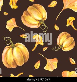 Gelbe Kürbisse, Herbstblätter und Pfifferlinge. Handgezeichnete Aquarellillustrationen. Nahtloses Muster auf einem dunkelbraunen Hintergrund für Stockfoto