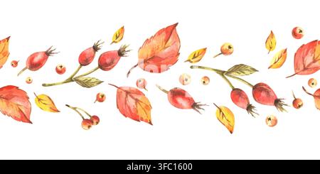 Handgemaltes Aquarell-Herbstmuster mit Blättern, Beeren und botanischen Ästen. Saisonaler Erntehintergrund mit Kopierraum für Black-Friday-Angebote Stockfoto