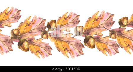 Handgemalte Aquarell-nahtlose Bordüre aus Herbst-Eichenblättern und Eicheln. Saisonale Erntedekoration mit botanischem Laub für Grußkarten, Banner Stockfoto