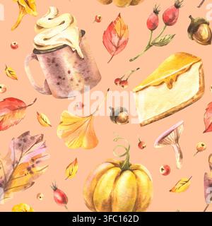 Herbstlaubfall mit Blättern, Beeren und gemütlicher Dekoration, einschließlich Kakao, Kuchen und Kürbis. Handgezeichnete Aquarellillustrationen. Ein einfaches Nahtloses Muster Stockfoto