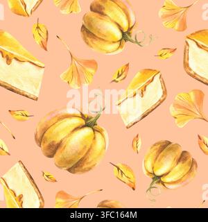 Gelbe Kürbisse, Käsekuchen und Herbstblätter. Handgezeichnete Aquarellillustrationen. Nahtloses Muster auf einem Pfirsichhintergrund für Textilien, Verpackungen Stockfoto
