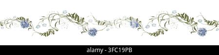 Horizontales Banner Aquarellillustration mit blauem botanischem Blumenmotiv. Nahtlose Bordüre oder Rahmen mit handgezeichneter Illustration. Rahmen mit Hortensie und Stockfoto