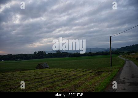 Landstraße durchquert grüne Felder unter einem bewölkten Morgenhimmel auf dem Camino del Norte in Rellón. Stockfoto