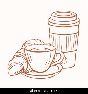 Kaffeebecher mit Croissant und To-go-Pappbecher im Linienstil. Frühstücksgetränk und Speisekarte-Artikel. Umriss-Skizze. Minimalistischer Vektor Stock Vektor