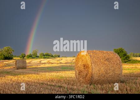 Golden-Hour-Regenbogen über Heuballen in einem regenfrischen Feld. Landschaftsbild nach dem Regen. Stockfoto