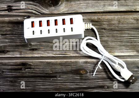 eine 12-in-1-Multiport-USB-Schnellladestation und Datenhub, die entwickelt wurde, um mehrere Geräte gleichzeitig mit Strom zu versorgen und zu verbinden Stockfoto