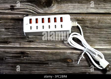 eine 12-in-1-Multiport-USB-Schnellladestation und Datenhub, die entwickelt wurde, um mehrere Geräte gleichzeitig mit Strom zu versorgen und zu verbinden Stockfoto