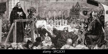 Der Prozess von Wycliff, 1378.    John Wycliff c.1330-1384, englischer Theologe, Philosoph und Kirchenreformer. Nach dem Bild von Ford Madox Brown. Stockfoto