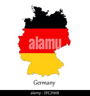Illustration: Karte von Deutschland, ausgeschnitten in den Farben der Nationalflagge auf weißem Hintergrund Stockfoto