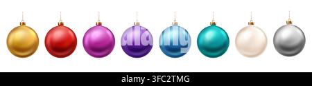 Buntes Weihnachtskugel-Ornament-Vektorset mit realistischen glänzenden hängenden Kugeln in Gold, Rot, Lila, Blau, Türkis, Elfenbein und Silber isoliert auf weißem Hintergrund. Stock Vektor