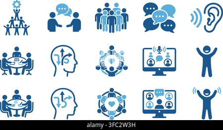 Blaue Flachikonen-Set für Geschäftskommunikation mit Teamarbeit, Zuhören, Diskussion, Konferenz und Webinar-Grafiken. Stock Vektor