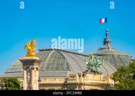 Frankreich, Paris, das Dach des Grand Palais und ein Peristyl der Pont Alexandre III Stockfoto