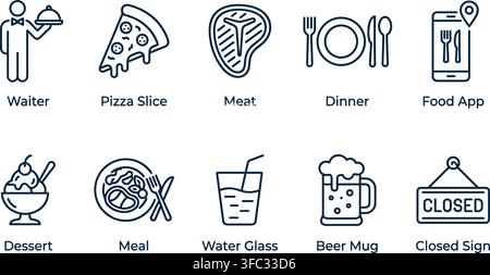 Gourmet-Essens-Ikonen mit Kellner-Pizzaschnitt-Fleisch-Dinner-Service und Bierkrug für Restaurant-Menüdesign-Sets. Stock Vektor