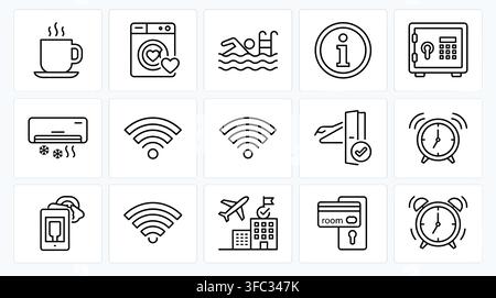 Hotel-Service-Symbole mit Annehmlichkeiten wie Klimaanlage, WLAN, Pool und Alarm für den Komfort der Gäste. Stock Vektor