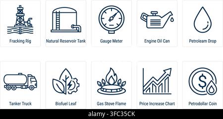 Symbole der Öl- und Gasindustrie mit blauer Linienkunst, die Raffinerieausrüstung, Kraftstofflogistik und wirtschaftliche Diagramme darstellt. Stock Vektor