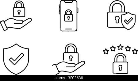 Sicherheitsschloss- und Schild-Symbole mit Händen und Sternen im dünnen Linienstil für eine sichere Zugriffsoberfläche und Benutzerschutz. Stock Vektor
