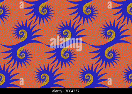 Nahtloses afrikanisches Stoffmuster-Hintergrund, Afrika-Design blau und orange floral, bohemischer Texturstil, Chitenge-Stoff aus holländischer Wachse, tribal Stock Vektor