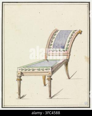 Historische Illustration eines neoklassizistischen Stuhldesigns aus dem Jahr 1790, entstanden in der Werkstatt von Jean Démosthène Dugourc und möglicherweise Pierre-Antoine Leboux de La Mésangère, mit farbenfroher Polsterung, blattverzierter Dekoration und eleganten Kegelbeinen. Stockfoto