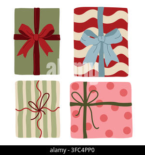 Handgezeichnete verpackte Geschenk- und Geschenkillustrationen mit Bändern und Schleifen für Geburtstag, Weihnachten, Babyparty, Valentinstagsdekoration Stock Vektor