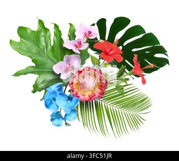 Lebendige tropische Blüten und Blätter in einer Blumenkomposition auf weißem Hintergrund angeordnet Stockfoto