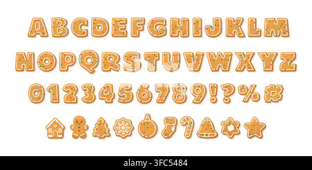 Lebkuchen-Alphabet, Zahlen und Weihnachtssymbole Vektor-Set. Weihnachtsplätzchen-Vektorillustration Stock Vektor