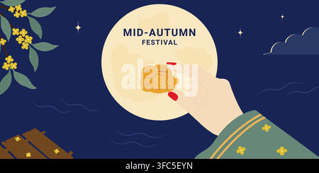 Weibliche Hand hält einen Keks in Hasenform vor dem Vollmond. Werbeanzeige für das Mittleres Herbstfest. Festliche Vektorszene mit Sternen, Wolken, Wellen und Osmanthuszweigen für Druck- oder Werbematerialien Stock Vektor