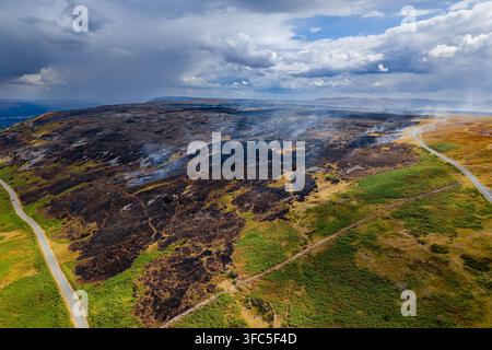 Verbrannte Erde und aufsteigender Rauch nach einem Waldbrand auf den Llangynidr Moors, Luftaufnahme über eine verkohlte Hochlandlandschaft, begrenzt von Landstraßen, Brecon Beac Stockfoto