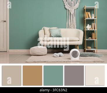 Heimkomfort und Innendesign gemütliches Wohnzimmer mit Sofaheizer und dekorativen Elementen warme Atmosphäre Stockfoto