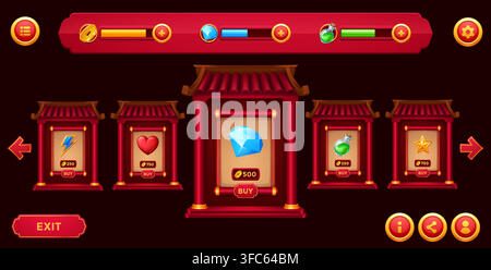 Chinesische Spielgeschäfts-Schnittstellenfenster und Symbole, asiatische Ladebalken für Oriental Store Panel UI mit Verkaufsbrettrahmen. Spielgeschäftsfenster für mobile Videospiel-Item-Boxen mit chinesischen Dächern Stock Vektor