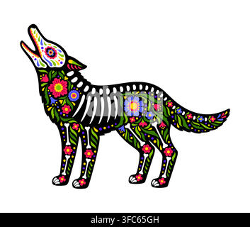 Mexikanisches Kojoten-Tierskelett-Tattoo des Zuckerschädels vom Tag der Toten. Isolierte wilde Heulwolf-Figur mit traditionellen Alebrije-Motiven und Skelettknochen, die das mexikanische Todesfest feiert Stock Vektor