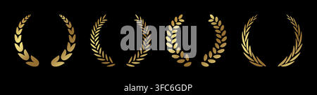 Sammlung aus goldenem Lorbeerkranz mit eleganten Blattzweigen auf schwarzem Hintergrund mit luxuriösen Preisrahmen für Zeremonie-Branding-Emblem a Stock Vektor