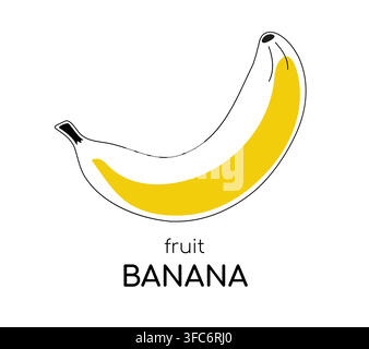 Umriss einer Banane mit einem gelben Farbfleck. Eine exotische oder tropische Palmfrucht. Wortkarte Banane. Isolierte Frucht. Poster oder Postkarte. Vektorillustration Stock Vektor