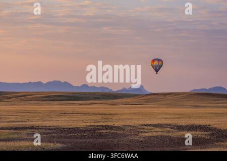 Farbenfroher Heißluftballon schwebt über weite Sossusvlei-Grasflächen in Richtung entfernter Berge am ruhigen Sonnenaufgangshorizont. Sossusvlei, Namibia Stockfoto