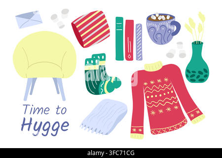 Set von gemütlichen Hygge-Stil-Artikeln – ein Sessel, eine Zimmerpflanze, ein gestreiftes Kissen, Bücher, ein Briefumschlag, eine Tasse Kakao mit Marshmallows, ein Plaid, dicke Socke Stock Vektor