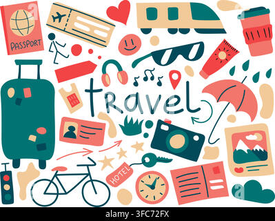 Ein Satz Objekte zum Thema Reisen und Urlaub mit der Aufschrift Reise. Tourismus, Transport, Wetter, Gegenstände. Vektorillustration Stock Vektor