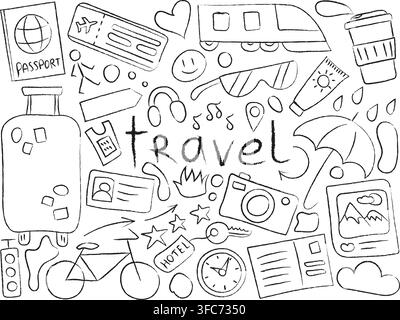 Ein Satz von Objekten zum Thema Reisen und Urlaub mit der Aufschrift Reise. Tourismus, Transport, Wetter, Gegenstände. Skizze. Vektorillustration Stock Vektor