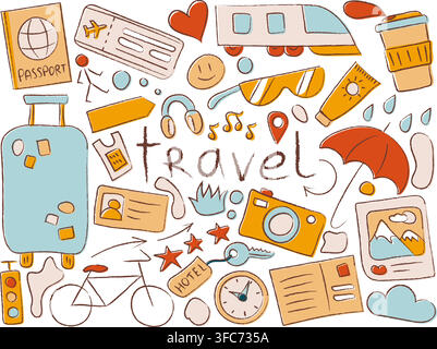 Ein Satz Objekte zum Thema Reisen und Urlaub mit der Aufschrift Reise. Tourismus, Transport, Wetter, Gegenstände. Vektorillustration Stock Vektor