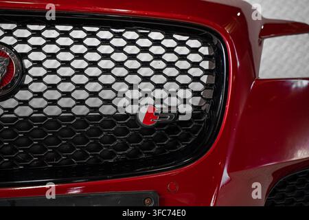 Nahaufnahme eines Jaguar S-Type-Modell-Emblems, das auf einem schwarzen Automobil-Netzgitter montiert ist. Stockfoto