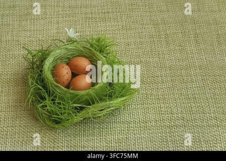 Drei Ostereier in einem grünen Nest auf einem Stoffhintergrund Stockfoto