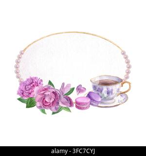 Ovale Aquarellrahmen mit rosa Pfingstrosen, Perlen, floraler Teetasse und Makronen. Romantische handgemalte Illustration für Einladungen, Grußkarten Stockfoto