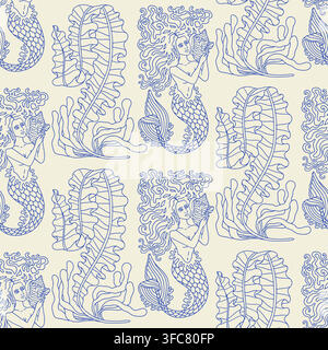 Nahtloses modernes Toile-Muster mit blauen detaillierten Linienzeichnungen von Meerjungfrauen, Seetang und Muscheln auf cremefarbenem Hintergrund. Vintage-Küsten-Nautik-Aesthetic Stock Vektor
