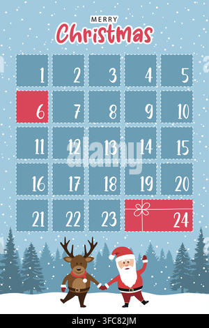 Netter Adventskalender mit santa-Auto und weihnachtsbaum in der verschneiten Winterlandschaft Vektor-Illustration Stock Vektor