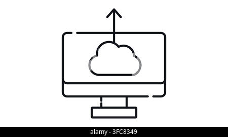 Desktop-Computermonitor mit Wolke und Aufwärtspfeilsymbol auf dem Bildschirm Vektor-Icon. Schwarzer Linienstil auf weißem Hintergrund. Stock Vektor