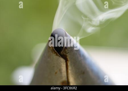 Eine extreme Nahaufnahme von Rauch, der aus der dunklen Öffnung einer Bienenraucherdüse austritt, sanft beleuchtet vor einem grün-weißen Hintergrund. Stockfoto