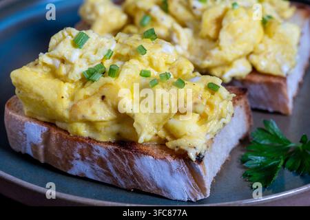 Rühreier auf getoastetem Brot für ein gesundes Frühstück oder Brunch, Nahaufnahme Stockfoto
