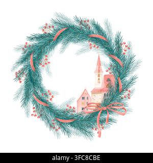 Aquarellhand gezeichneter Weihnachtskranz mit immergrünen Kiefernzweigen, roten Beeren, Band und Märchendorf mit Kirche. Stockfoto