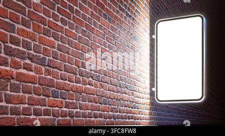 Stadtlicht-Mockup an der schwarzen Ziegelwand, beleuchtet von rotem und blauem Licht. 3D-Illustration Stockfoto