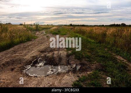 Schlammiger Feldweg, der sich durch ein goldenes Sommerfeld schlängelt, mit einer großen stehenden Pfütze, die den Sonnenuntergangshimmel in einer weiten landschaftlichen Landschaft widerspiegelt Stockfoto